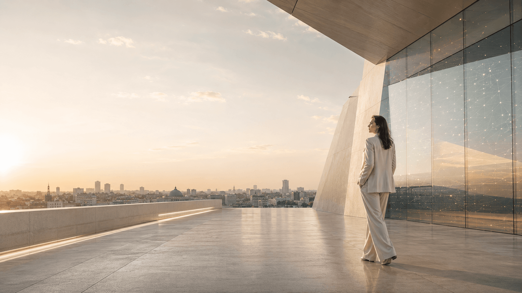 Arquitectura contemporánea abierta a una ciudad al amanecer